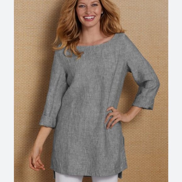 Eileen Fisher Top Women's Large Blue/Grey Organic Linen Chambray Split Hem - Picture 2 of 14